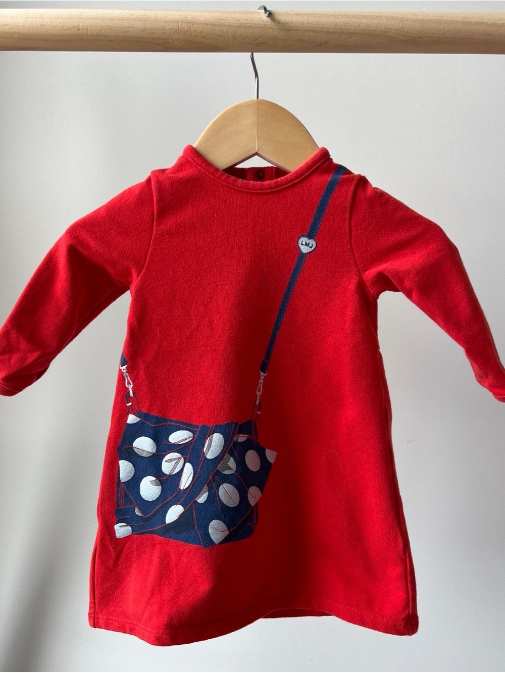 Little Marc Jacobs Red Long-Sleeve Dress with Navy Polka Bag Print 6M